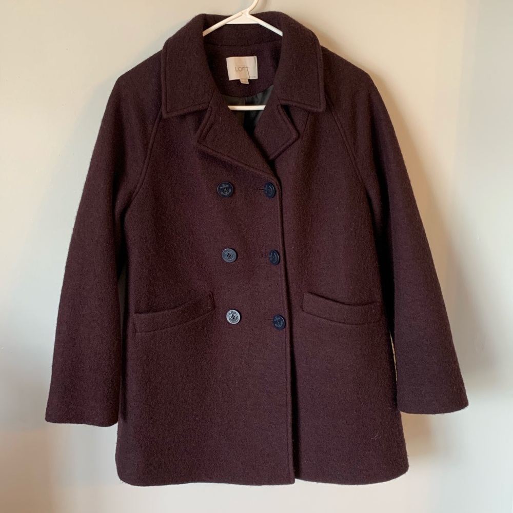 Ann Taylor Loft  wool plum pea coat with buttons